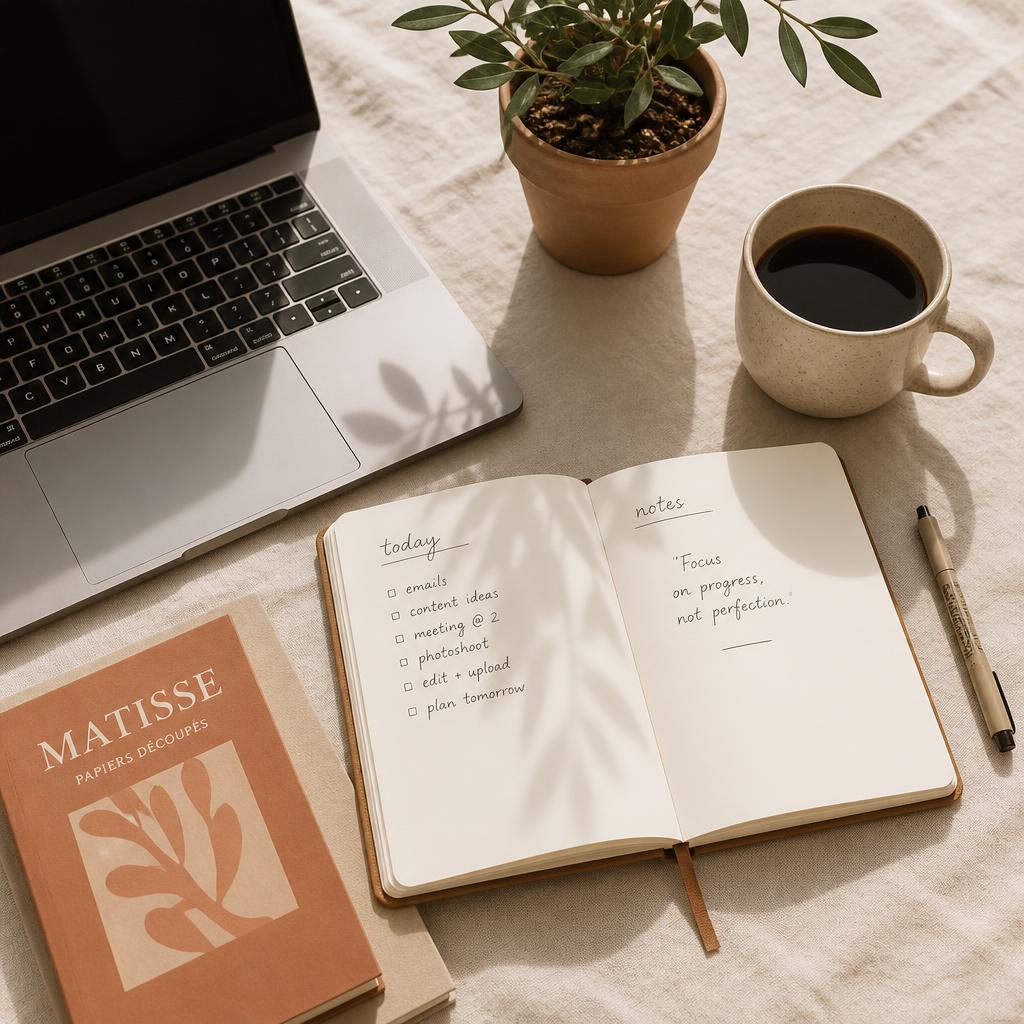 Escritorio con cuaderno, café y portátil