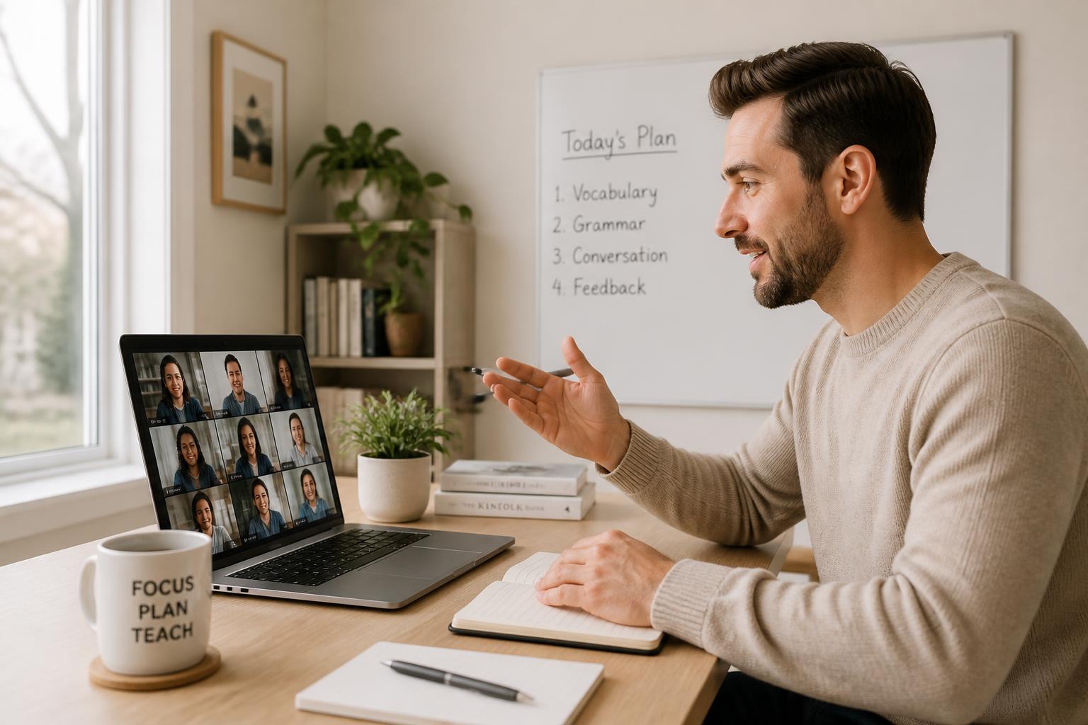 Profesor/a impartiendo una clase online desde casa